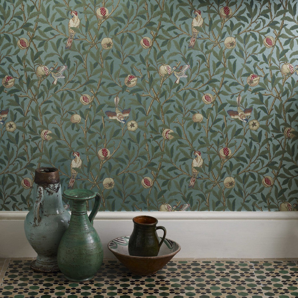 Morris & Co - Bird & Pomegranate Turquoise / Coral - 216820