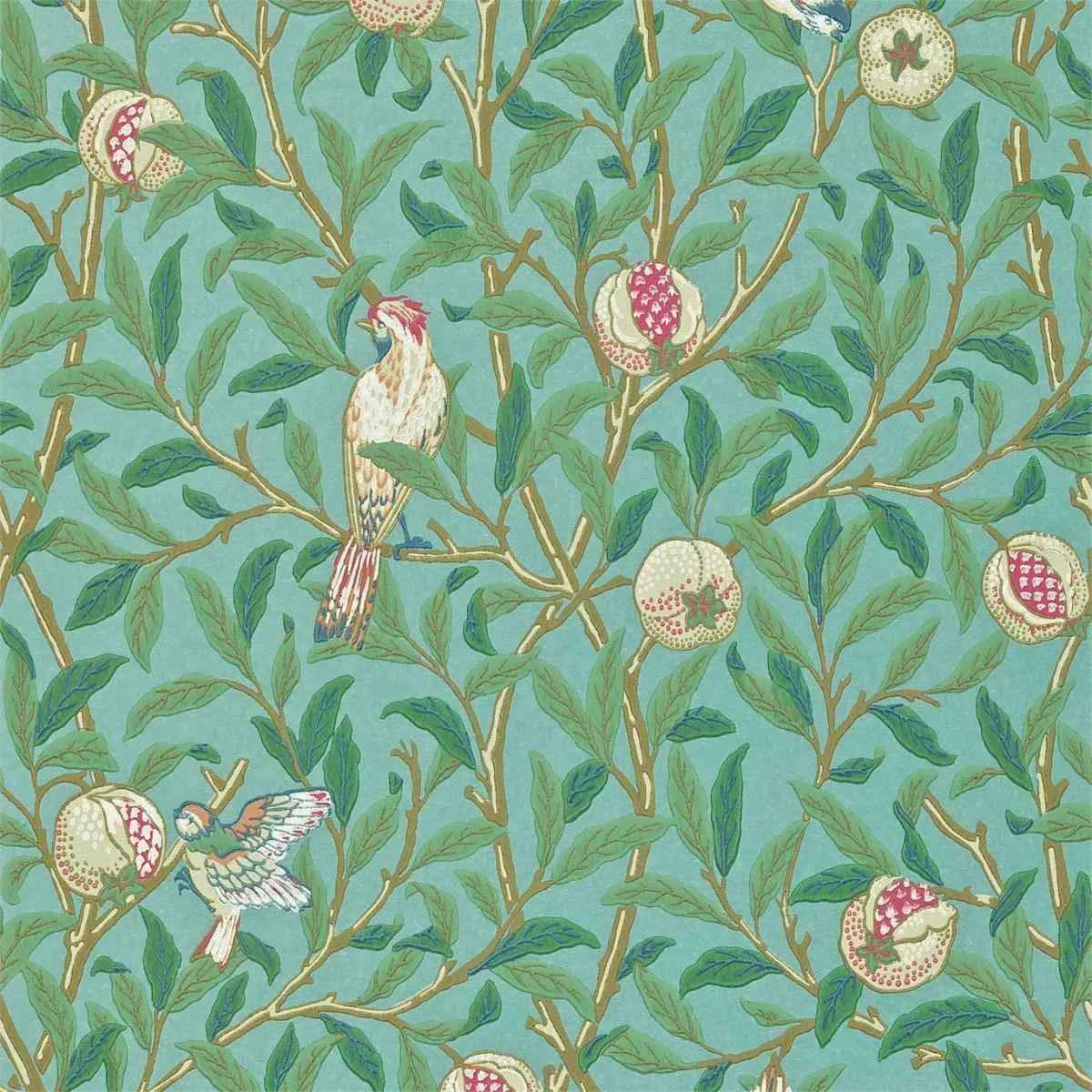 Morris & Co - Bird & Pomegranate Turquoise / Coral - 216820